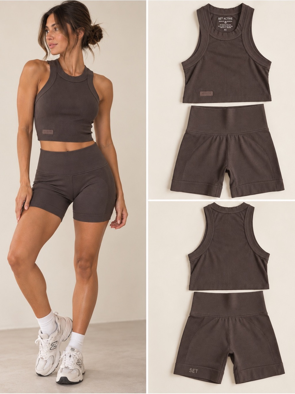 SET Active 2 Piece Charcoal Brown Ribbed Tank + Biker Shorts XS